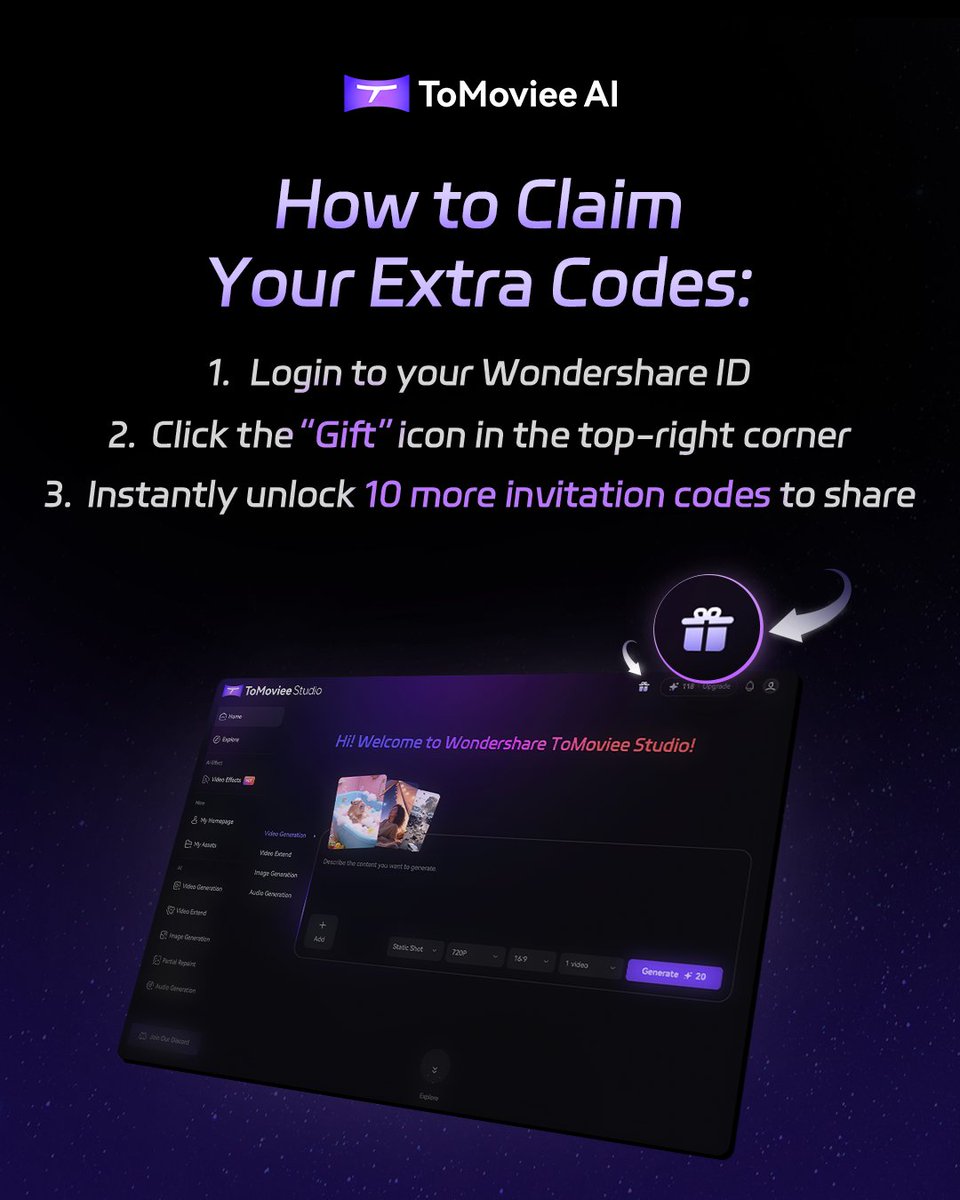 reelmate_ai's tweet image. 🎉 Surprise for our registered users!
Tap the “Gift” button on the site now to unlock 10 extra invitation codes!

#tomovieeai #wondershare #contentcreator #ai #aivideo #beta