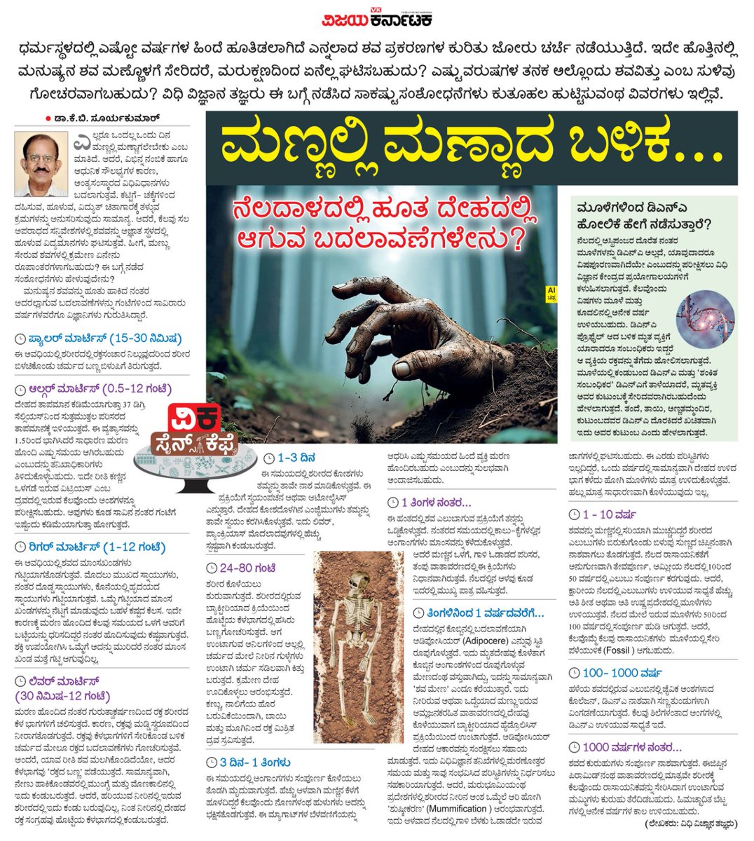 VK Editor (@editor_vk) on Twitter photo ಮೂಳೆ ಮಾಂಸದ ತಡಿಕೆಯಾದ ಮಾನವ ದೇಹವು ಮಣ್ಣಲ್ಲಿ ಮಣ್ಣಾದ ಬಳಿಕ ಆಗುವುದೇನು ? 
ಸತ್ತ ಮರುಕ್ಷಣದಿಂದ ನೂರು ವರ್ಷದ ಅವಧಿಯಲ್ಲಿ ಅದು ಯಾವ್ಯಾವ ರೂಪ ಪಡೆಯುತ್ತೆ ? ಒಂದು ಆಸಕ್ತಿಕರ ಮರಣೋತ್ತರ ಶವಪರೀಕ್ಷೆ...
#ವಿಕಸೈನ್ಸ್_ಕೆಫೆ <a href="/Vijaykarnataka/">vijaykarnataka</a> <a href="/Sudarshanvk2/">Sudarshan Channangihalli</a> <a href="/kolgarkeerthi/">Keerthi Kolgar</a> #ಡಾಕೆಬಿ_ಸೂರ್ಯಕುಮಾರ್ ಮೂಳೆ ಮಾಂಸದ ತಡಿಕೆಯಾದ ಮಾನವ ದೇಹವು ಮಣ್ಣಲ್ಲಿ ಮಣ್ಣಾದ ಬಳಿಕ ಆಗುವುದೇನು ? 
ಸತ್ತ ಮರುಕ್ಷಣದಿಂದ ನೂರು ವರ್ಷದ ಅವಧಿಯಲ್ಲಿ ಅದು ಯಾವ್ಯಾವ ರೂಪ ಪಡೆಯುತ್ತೆ ? ಒಂದು ಆಸಕ್ತಿಕರ ಮರಣೋತ್ತರ ಶವಪರೀಕ್ಷೆ...
#ವಿಕಸೈನ್ಸ್_ಕೆಫೆ <a href="/Vijaykarnataka/">vijaykarnataka</a> <a href="/Sudarshanvk2/">Sudarshan Channangihalli</a> <a href="/kolgarkeerthi/">Keerthi Kolgar</a> #ಡಾಕೆಬಿ_ಸೂರ್ಯಕುಮಾರ್