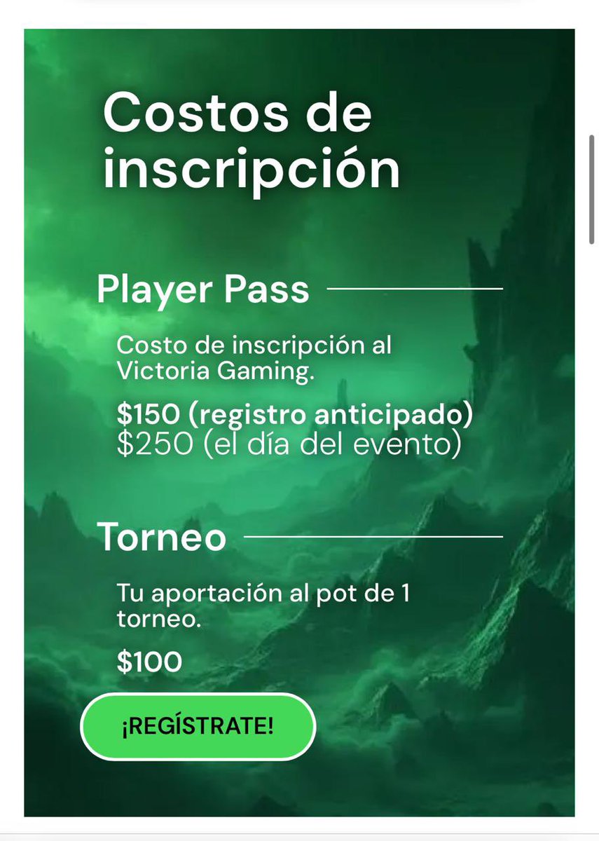Costos de inscripción de Victoria Gaming 👀💚

Con registrarte al StartGG ya es registro anticipado 

$150 Venue
$100 Costo de Cada Torneo 

Nos vemos el 23-24 de agosto en Durango Durango 

Link de registro:
periodicovictoria.com/gaming/