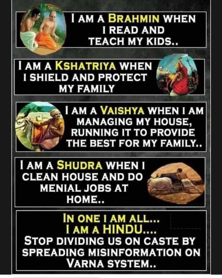 🧵 Thread: “I am a Brahmin. I am a Kshatriya. I am a Vaishya. I am a Shudra. I am a Hindu.”

The most misunderstood aspect of Sanatan Dharma – the Varna system. It was never about birth. It was always about karma (actions).
Read on. You’ll never look at caste the same way again👇