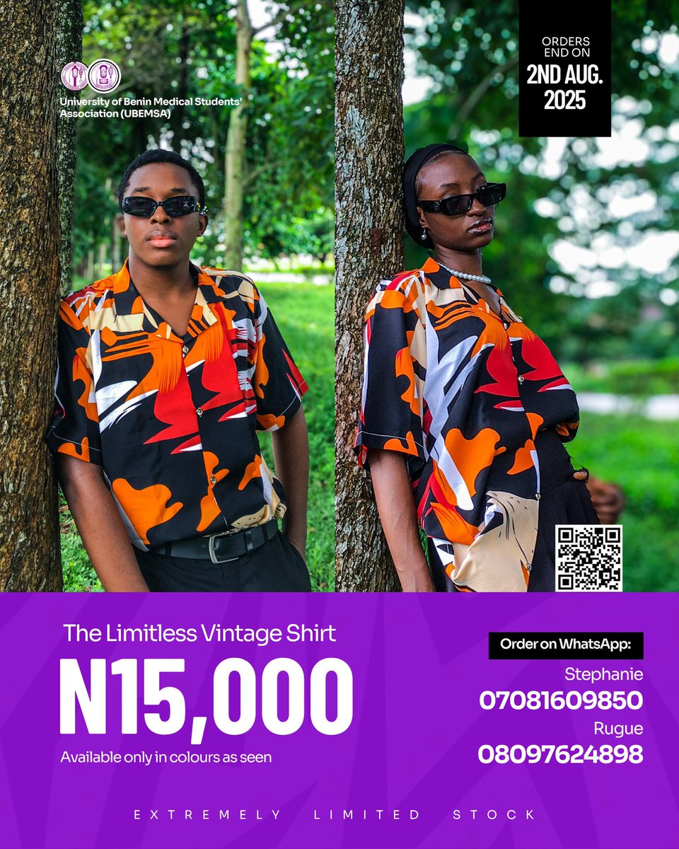 Official_UBEMSA's tweet image. Limitless Merch has landed! ⚡️  
Not just Health Week merch — it’s the mindset you wear.  

Tees, hoodies, caps, jerseys &amp;amp; totes. Premium quality. Limited stock.  

Prices from ₦6,000 to ₦19,800.  
Deadline: Aug 2, 2025.  

DM to order. Don’t just watch the energy. Wear it.