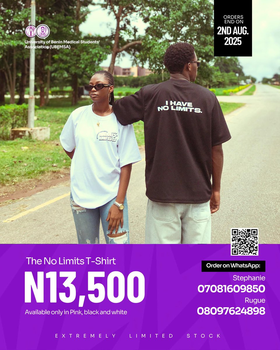 Official_UBEMSA's tweet image. Limitless Merch has landed! ⚡️  
Not just Health Week merch — it’s the mindset you wear.  

Tees, hoodies, caps, jerseys &amp;amp; totes. Premium quality. Limited stock.  

Prices from ₦6,000 to ₦19,800.  
Deadline: Aug 2, 2025.  

DM to order. Don’t just watch the energy. Wear it.