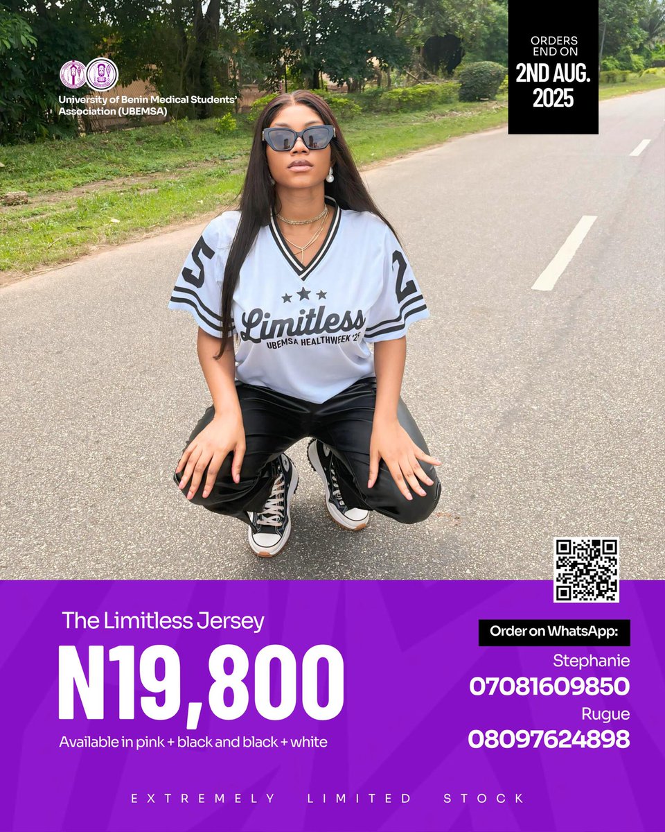 Official_UBEMSA's tweet image. Limitless Merch has landed! ⚡️  
Not just Health Week merch — it’s the mindset you wear.  

Tees, hoodies, caps, jerseys &amp;amp; totes. Premium quality. Limited stock.  

Prices from ₦6,000 to ₦19,800.  
Deadline: Aug 2, 2025.  

DM to order. Don’t just watch the energy. Wear it.