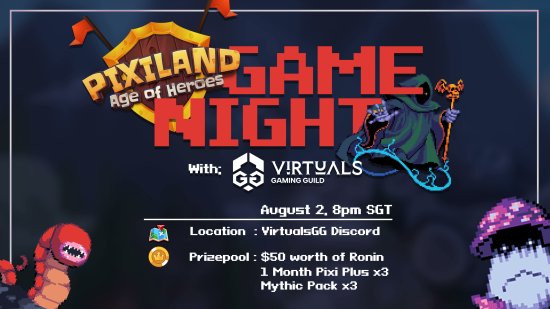 Virtuals Gaming Guild 🎮👾 (@virtualsgg) on Twitter photo 📢Game Night with <a href="/pixilandsocial/">PIXILAND: Age of Heroes</a>
Gear up for an epic night in Age of Heroes—where legends rise and heroes are made! L⚔️et the adventure begin!
Game Night Details:
•⏰When: August 2 (8pm SGT)
•📷Where: discord.com/invite/virtual…
•📷Prizes: 50$ worth of Ronin, 1 Month Pixi 📢Game Night with <a href="/pixilandsocial/">PIXILAND: Age of Heroes</a>
Gear up for an epic night in Age of Heroes—where legends rise and heroes are made! L⚔️et the adventure begin!
Game Night Details:
•⏰When: August 2 (8pm SGT)
•📷Where: discord.com/invite/virtual…
•📷Prizes: 50$ worth of Ronin, 1 Month Pixi