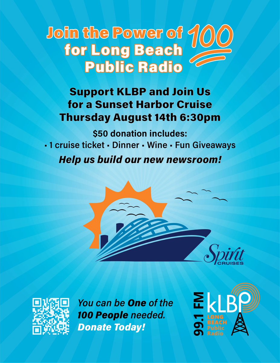 Don’t miss the sunset event of the season!

The KLBP Harbor Cruise is our next party! 

Picture this: You’re dining and sipping wine on the sparkling waters of Long Beach Harbor as the sky melts from tangerine sunset to twilight - surrounded by 99 fellow supporters of KLBP.