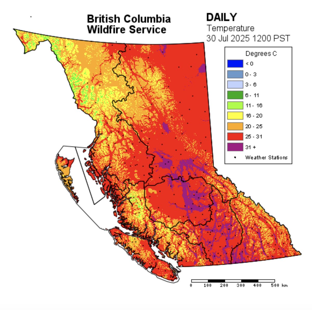 Highest temperatures recorded today in BC.

40.0°C Lytton
39.4°C Ashcroft &amp; Kamloops
38.9°C Pemberton
38.3°C Lillooet
38.2°C Warfield
38.0°C Osoyoos
37.2°C Nelson
37.1°C Clearwater
37.0°C Kelowna
36.9°C Merritt
36.8°C Penticton
36.7°C Princeton
36.2°C Castlegar
36.0°C Summerland