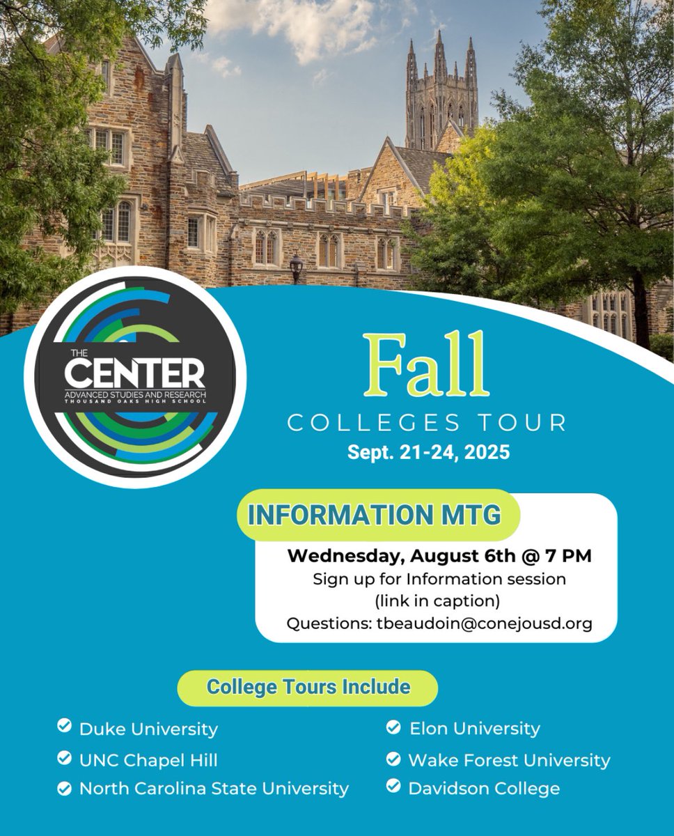 Center families, we’ve already got our Fall Colleges Tour planned. Information session is next Wednesday (we’ve got flights and hotels to book so time is of the essence). 
Here’s the link to sign up for the information session. forms.gle/gvudS5zKrKpcXh…