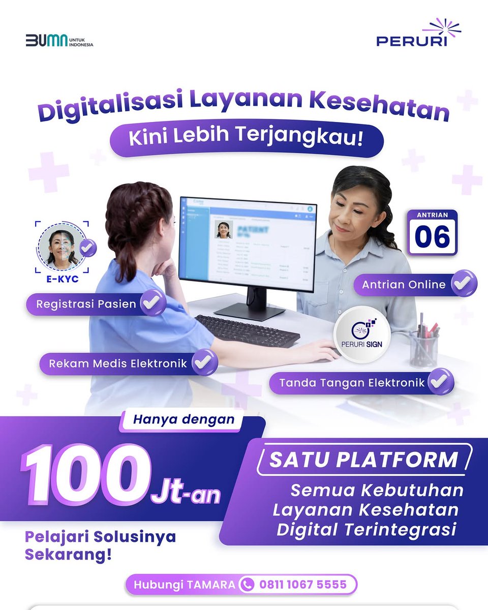Digitalisasi Layanan Kesehatan Kini Lebih Terjangkau!
Mulai dari Rp100 jutaan, Anda bisa memiliki platform digital terintegrasi. 

Informasi lebih lanjut hubungi TAMARA
📞 0811 1067 5555

#PERURIHealthcare #LayananKesehatanDigital #HealthTech  #PERURISign #RekamMedisElektronik
