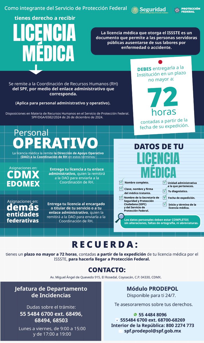 ¡Tu salud es lo más importante! 
Si necesitas una licencia médica:
Dirígete al #ISSSTE y solicítala.
⏳Entrégala en un plazo máximo de 72 horas tras su expedición.
Recuerda incluir toda la información necesaria.
🛡️ ¡Tu bienestar es nuestra prioridad!
#ProtectoresDeLaNación #salud