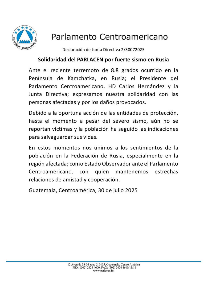 PARLACEN (@parlacen) on Twitter photo Declaración del Presidente del Parlamento Centroamericano, HD Carlos Hernández y la Junta Directiva <a href="/PARLACEN/">PARLACEN</a> de solidaridad por fuerte sismo en Rusia Declaración del Presidente del Parlamento Centroamericano, HD Carlos Hernández y la Junta Directiva <a href="/PARLACEN/">PARLACEN</a> de solidaridad por fuerte sismo en Rusia