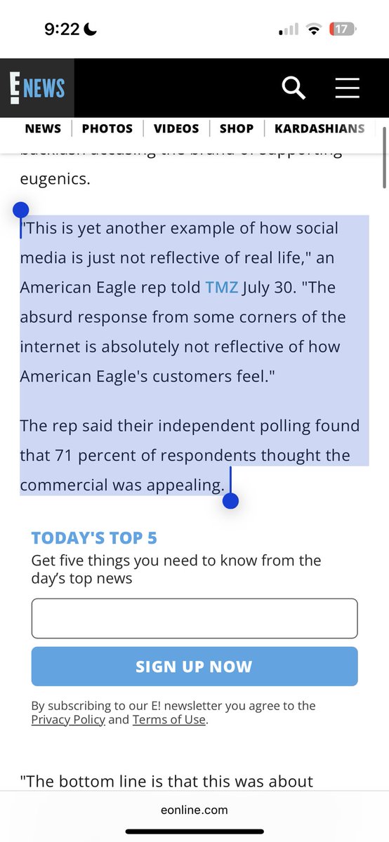 A bigger vibe shift that the Sydney Sweeney ad? American Eagle’s response to the media. Today, rather than apologizing, it told TMZ this:

“‘This is yet another example of how social media is just not reflective of real life. The absurd response from some corners of the internet