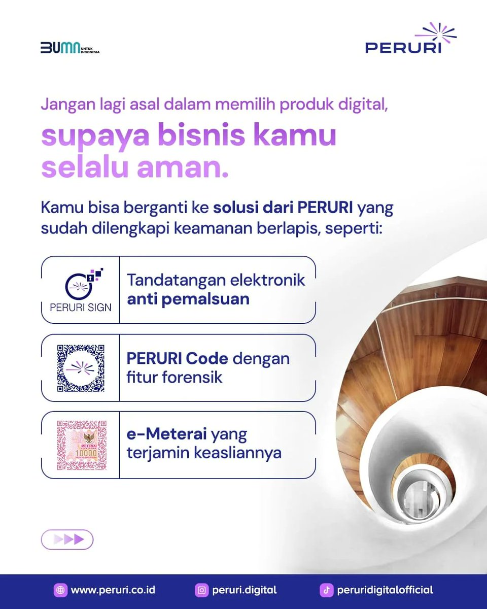 Bisnis yang tumbuh butuh sistem yang aman dan efisien.

PERURI hadir sebagai solusi keamanan di masa depan bisnismu. Wujudkan digitalisasi bisnis tanpa ragu, bersama PERURI.

#PERURI #TransaksiAman #TandaTanganElektronik #PERURICode #MeteraiElektronik #SORE #AmanDenganPERURI