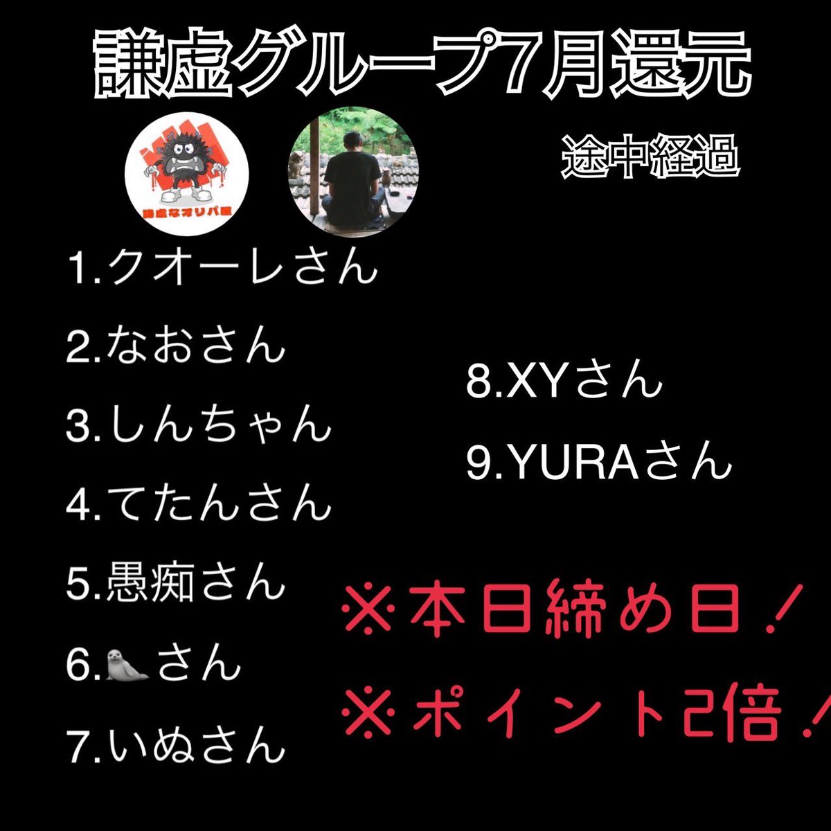 🔥本日11時半時頃よりラスト配信🔥

✅3石1.5P補填
　→ <a href="/looxo945/">謙虚なあざらし</a>  <a href="/ted_1463/">てたん</a> 
     3石2P補填
　→ <a href="/NtkVcb/">クオーレ</a> <a href="/shun2039491/">謙虚なshun</a> 

✅RTで¥3000クーポンを3名様🎁
※当日の負け詳細のみ適応
<a href="/oashisuoashisu/">ﾘﾊﾞﾃｨｱｲﾗﾝﾄﾞ</a> 
<a href="/shun2039491/">謙虚なshun</a> 
<a href="/NtkVcb/">クオーレ</a> 
<a href="/iiyo__00/">蓮</a> 
<a href="/umi_pkk/">YURA♛︎</a> 
<a href="/ted_1463/">てたん</a> 
<a href="/0SS97biCTjDR4I5/">NeZUMI</a> 
<a href="/mimi0313mimi/">野良イイネイヌex</a>