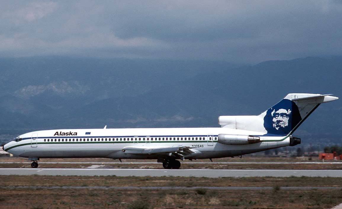 THE FOURTH OF FIVE NEVER DELIVERED BRANIFF 727-227 TRIJETS - Former Braniff International Boeing 727-227 Advanced registered as N483BN is operating for Alaska Airlines as N305AS and is taxiing at Ontario International Airport in April 1984. This aircraft was originally painted in