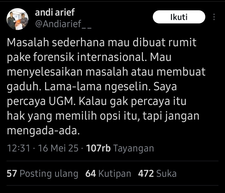 Vëe Kyoshi🀄 (@xquitavee) on Twitter photo Ga mau di tuduh 😂 tapi bacotan kader nya mirip kubu roy suryo cs
Drpd <a href="/Edhie_Baskoro/">| iBas Yudhoyono |</a> ambil langkah hukum, lebih baik tertibkan dulu kader2 nya yg aktif ngebacod dukung hoax Roy Suryo cs
Sudah tau ijazah pak <a href="/jokowi/">Joko Widodo</a> itu asli dgn ada pernyataan dr <a href="/UGMYogyakarta/">UGM</a> dan Ga mau di tuduh 😂 tapi bacotan kader nya mirip kubu roy suryo cs
Drpd <a href="/Edhie_Baskoro/">| iBas Yudhoyono |</a> ambil langkah hukum, lebih baik tertibkan dulu kader2 nya yg aktif ngebacod dukung hoax Roy Suryo cs
Sudah tau ijazah pak <a href="/jokowi/">Joko Widodo</a> itu asli dgn ada pernyataan dr <a href="/UGMYogyakarta/">UGM</a> dan
