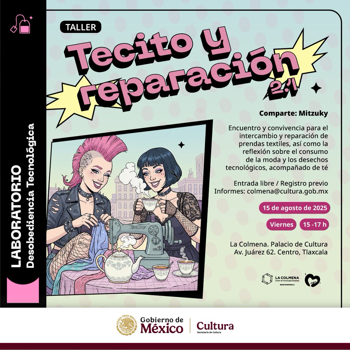 En el taller “Tecito y reparación” se busca un espacio para reflexionar sobre la contaminación y consumo generado por la industria textil, mientras aprendemos técnicas de reparación, confección y rediseño.

centroculturadigital.mx/actividad/teci…