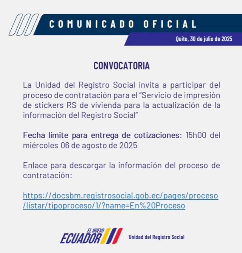 #CONVOCATORIA I La Unidad del Registro Social invita a participar del proceso de contratación para el "Servicio de impresión de stickers RS de vivienda para la actualización de la información del Registro Social.

Enlace para descargar la información del proceso de contratación: