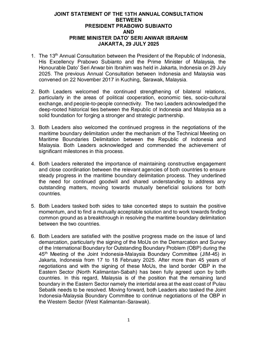 JOINT STATEMENT OF THE 13TH ANNUAL CONSULTATION BETWEEN PRESIDENT PRABOWO SUBIANTO AND PRIME MINISTER DATO’ SERI ANWAR IBRAHIM - JAKARTA, 29 JULY 2025 ⤵️

▶️ tinyurl.com/tbmmv4rm