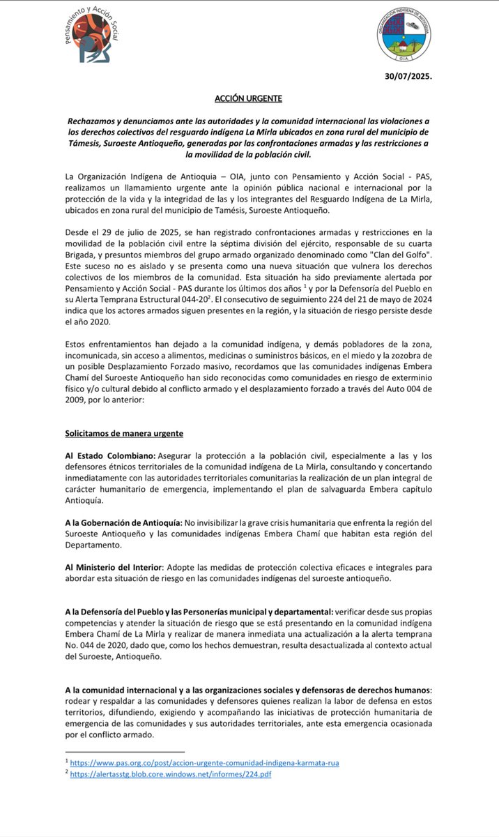 #AcciónUrgente |Rechazamos y denunciamos las violaciones a derechos colectivos del resguardo indígena La Mirla ubicado en zona rural de Támesis, Suroeste Antioqueño, generadas por confrontaciones armadas y restricciones a la movilidad de la población.
Ver: pas.org.co/post/accion-ur…