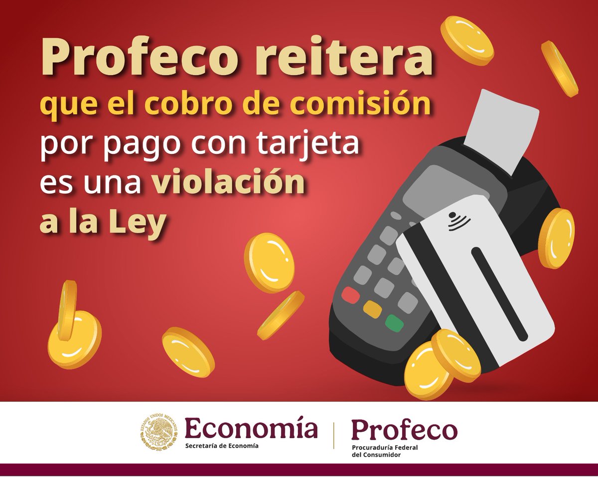 #BoletínDePrensa La Profeco recuerda que el cobro de comisión por pagar con tarjeta bancaria constituye una violación a la Ley Federal de Protección al Consumidor.

El proveedor está obligado a informar, de manera clara y visible, el precio final de los bienes, productos o