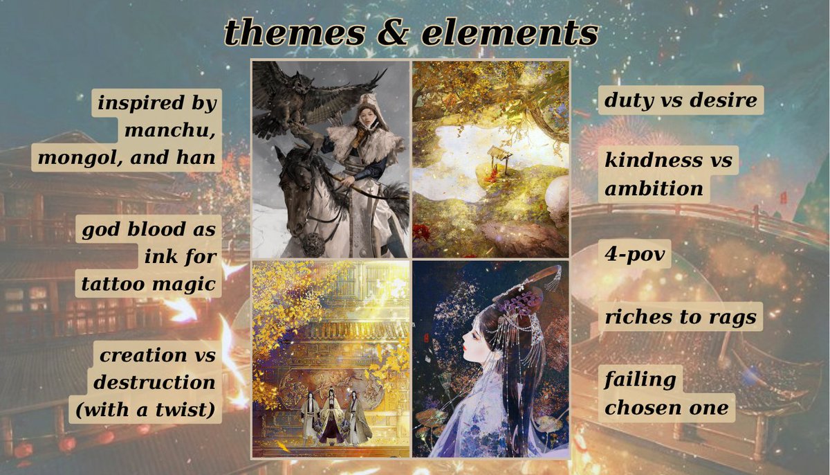 Priory🍊Tree x She Who Bcame☀️
🪭Manchu+Mongol+Han inspired
🏹God blood as ink for tattoo magic
🪭An eldritch craving familial love
🏹A failing chosen one
🪭A saboteur of her own rebellion
🏹An heir w/ perfect life until the facade rips
#questpit #Q #F #A #agentguide #agentsguide