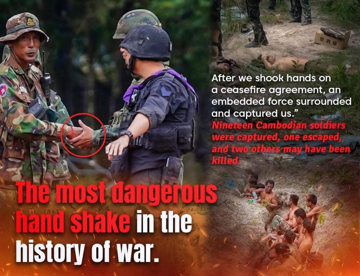 KM_Dialy's tweet photo. The most dangerous handshake welcome in battle for ceasefire agreement that all Khmers must remember (etched in stone), it was the most painful experience. In battle, tricks are always used, but cowardly tricks are for cowardly people to use. https://t.co/iIPnr7NP9P