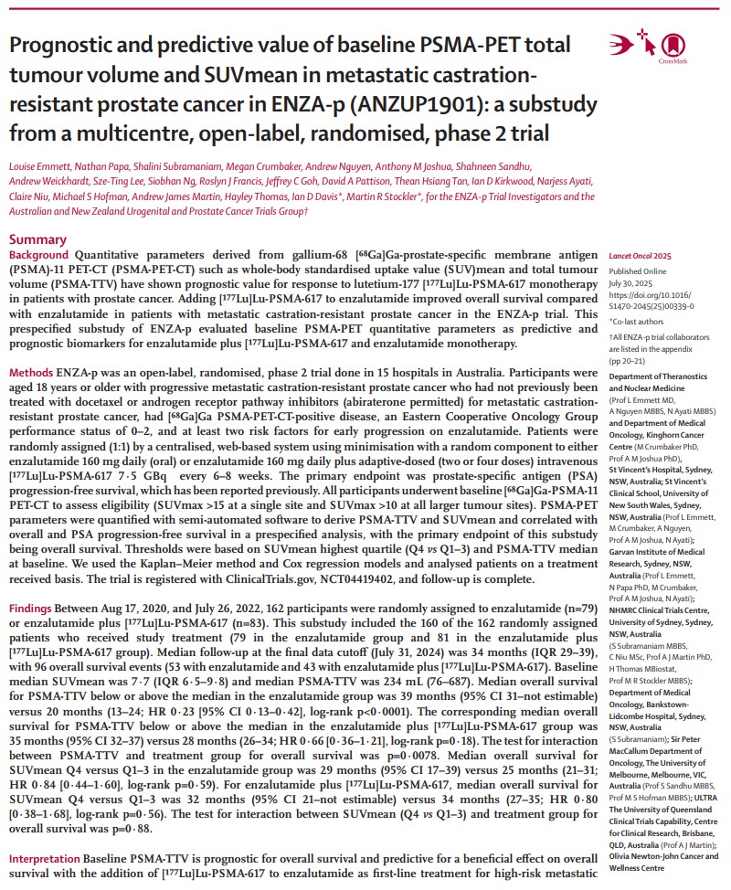 A new PET biomarker in men with high-risk metastatic castration-resistant prostate cancer. Total tumor volume prognostic for overall survival and predictive for benefit of Lu-177 PSMA-617.

Great data from <a href="/ANZUPtrials/">ANZUP</a> ENZA-P led by <a href="/drlouiseemmett/">Louise Emmett</a> 

authors.elsevier.com/c/1lWie5EIIgTS9~