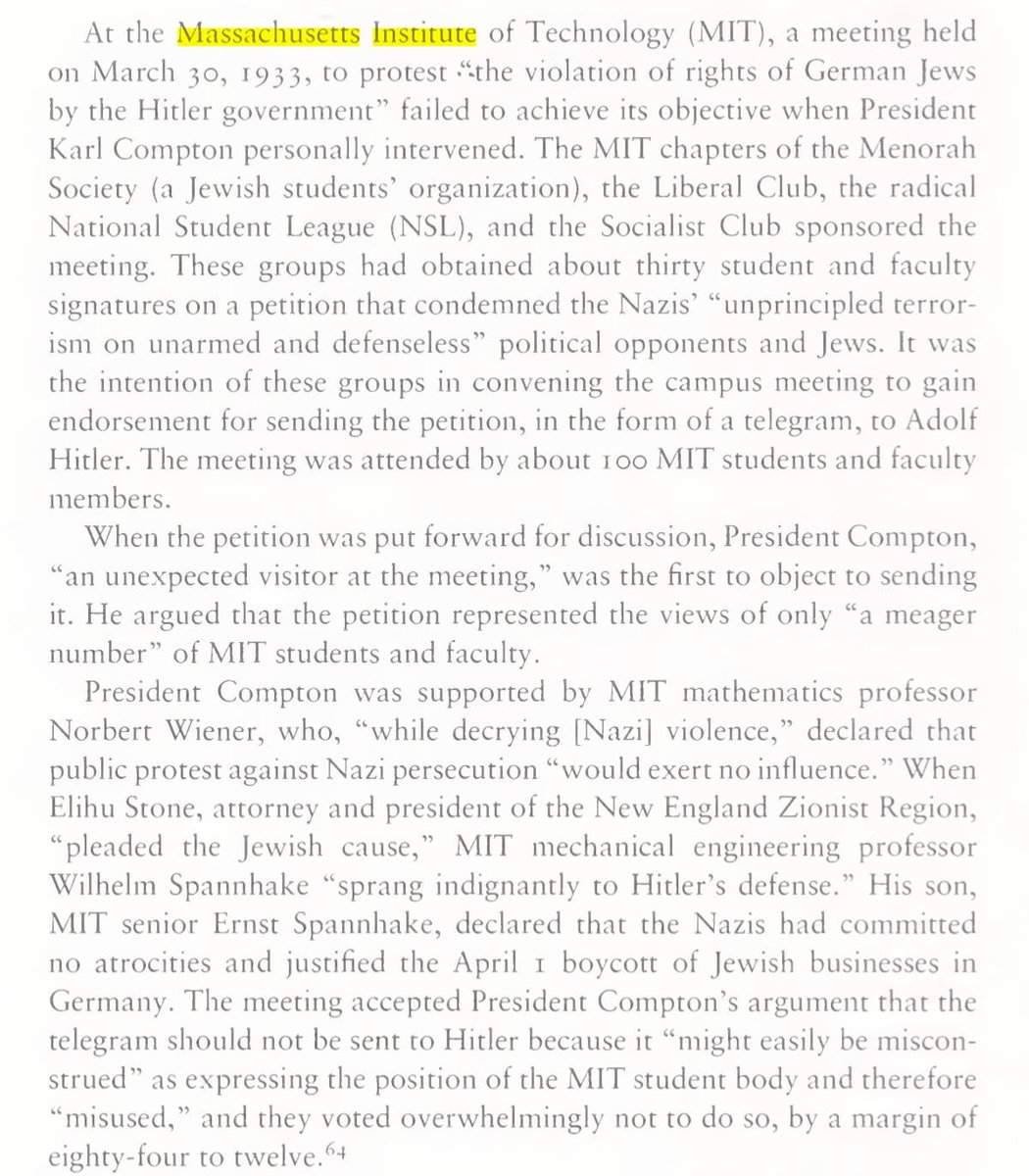 Learned MIT officials in 1930s condemned anti-Nazi student activists, personally intervened to prevent them from sending a petition to Hitler, invited German army to campus, and ripped down protest posters. MIT was one of few schools in US to attend Nazi ceremonies.