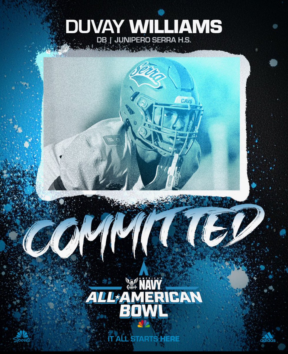 ✞Duvay Williams✞ (@duvayallday) on Twitter photo Excited to be selected to play in the 2026 Navy All-American game as a Junior <a href="/AABonNBC/">Navy All-American Bowl</a> thankful for this opportunity. <a href="/Serra__Football/">Serra Football</a> <a href="/ErikRichardsUSA/">Erik Richards</a> <a href="/Andrew_Ivins/">Andrew Ivins</a> <a href="/TomLoy247/">Tom Loy</a> <a href="/AWilliamsUSA/">Anthony Williams</a> <a href="/GregBiggins/">Greg Biggins</a> <a href="/ShannonTerry/">Shannon Terry</a> <a href="/SSchraderOn3/">Scott Schrader</a> Excited to be selected to play in the 2026 Navy All-American game as a Junior <a href="/AABonNBC/">Navy All-American Bowl</a> thankful for this opportunity. <a href="/Serra__Football/">Serra Football</a> <a href="/ErikRichardsUSA/">Erik Richards</a> <a href="/Andrew_Ivins/">Andrew Ivins</a> <a href="/TomLoy247/">Tom Loy</a> <a href="/AWilliamsUSA/">Anthony Williams</a> <a href="/GregBiggins/">Greg Biggins</a> <a href="/ShannonTerry/">Shannon Terry</a> <a href="/SSchraderOn3/">Scott Schrader</a>