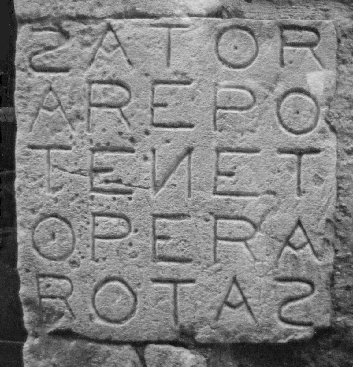 SATOR
AREPO
TENET
OPERA
ROTAS

“The sower (sator) Arepo guides (tenet) the wheel (rotas) with skill (opera)”
