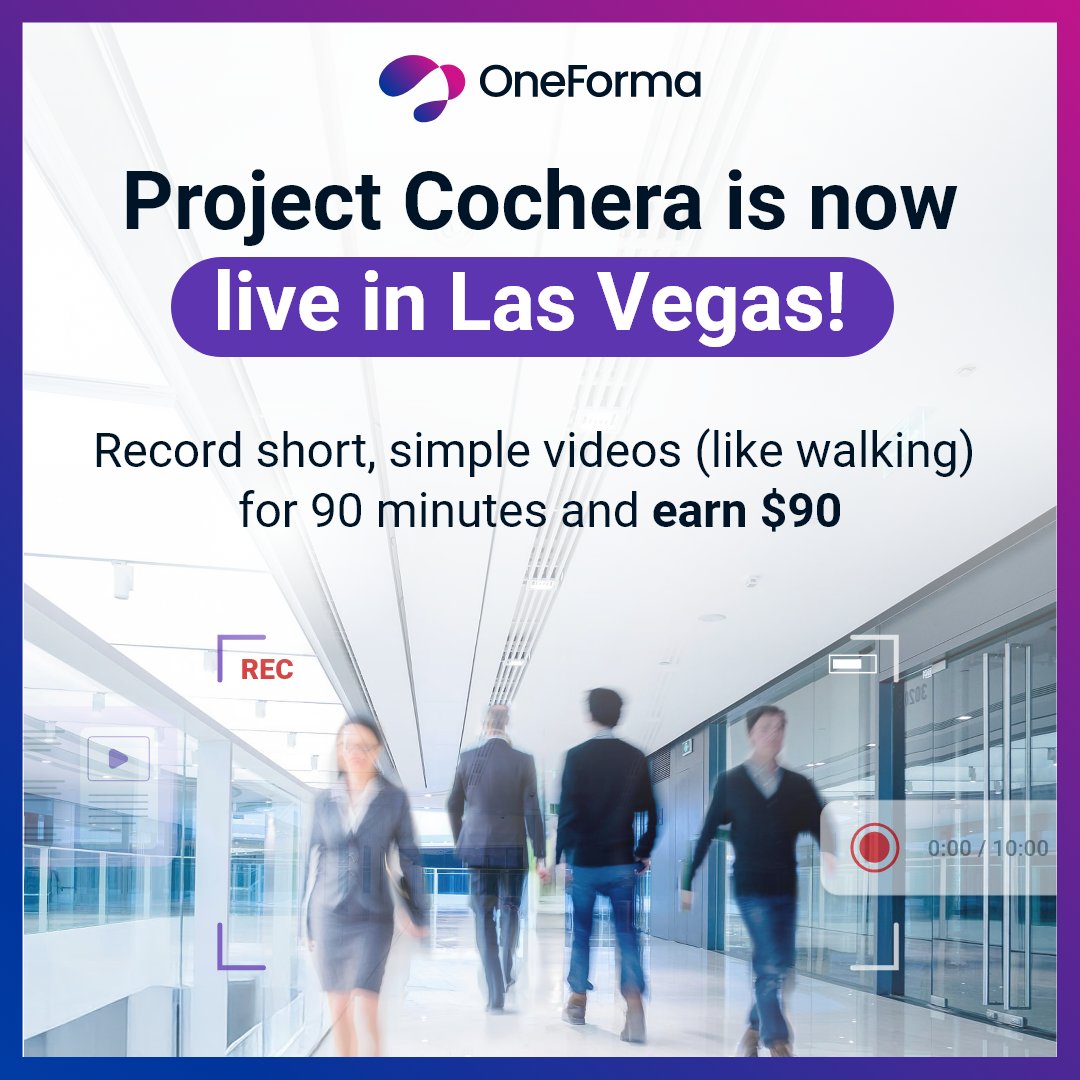 OneForma_cm's tweet image. 🎉 Las Vegas! Project Cochera is now open!
Earn $90 in 90 minutes by recording simple movements like walking - our team will guide you.

👉 Apply now: go.oneforma.com/4l8xtVn
📣 Tag a friend in #Vegas who’d be into this!

#PaidStudy #LasVegasJobs #SideHustle #OneForma