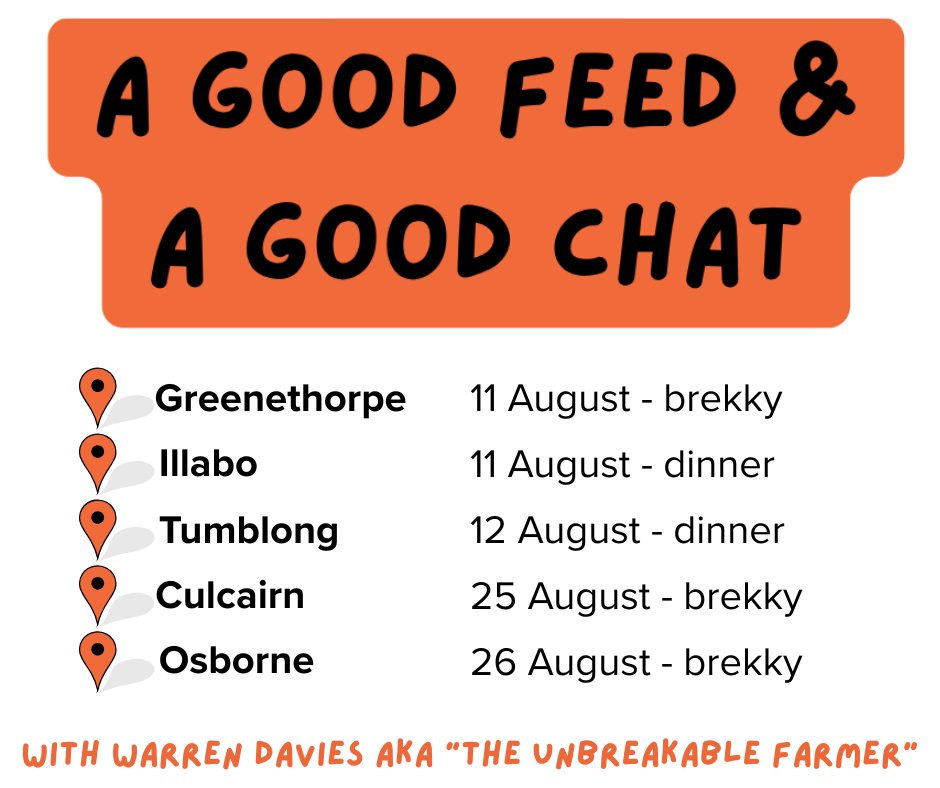 Let's take a break, grab a feed, and have a real conversation!
Join <a href="/Warra67/">The Unbreakable Farmer</a> aka the Unbreakable Farmer for a free event happening across our region. Book ahead &amp; bring a mate: loom.ly/2Z1oQ2Y
Thanks to <a href="/llsnsw/">Local Land Services</a>, #RuralAid &amp;  #SNSWInnovationHub
#FutureDroughtFund
@DAFFGov