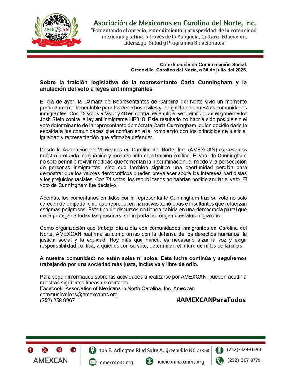 La representante Carla Cunningham traicionó a nuestras comunidades al anular con su voto el veto a leyes antiinmigrantes en NC.

Desde AMEXCAN alzamos la voz: no hay lugar para el odio ni la discriminación.
✊🏽 La lucha sigue. No están solas ni solos.

#AMEXCANParaTodos