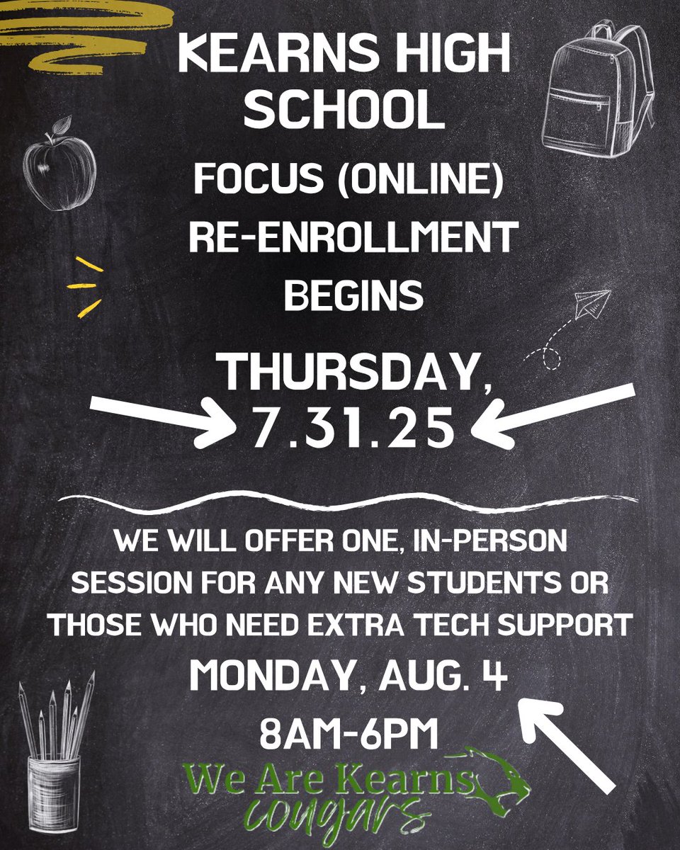 Kearns High Students &amp; Parents: the 2025-26 school year is here! Re-enrollment begins Thursday, July 31 through Focus &amp; the parent portal. We will offer an in-person session for those with tech difficulties on Mon., Aug. 4, 8am-6pm. Welcome back, Cougars! #we_are_kearns_2025-26!