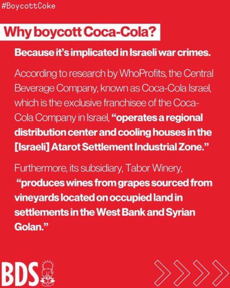 jmcoffeecake's tweet image. 코카콜라 가 공식 보이콧 리스트에 올랐습니다.

코카콜라는 존재 자체로 전쟁범죄인 불법 유대인 정착촌에 유통 센터와 냉각고를 운영하고, 와인 제조 자회사는 불법 유대인 정착촌의 포도로 와인을 만듭니다.

세계 양심 있는 개인들의 자생적 보이콧을 공식에서 받은 것
@BTS_twt 
#김태형