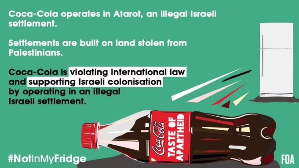 jmcoffeecake's tweet image. 코카콜라 가 공식 보이콧 리스트에 올랐습니다.

코카콜라는 존재 자체로 전쟁범죄인 불법 유대인 정착촌에 유통 센터와 냉각고를 운영하고, 와인 제조 자회사는 불법 유대인 정착촌의 포도로 와인을 만듭니다.

세계 양심 있는 개인들의 자생적 보이콧을 공식에서 받은 것
@BTS_twt 
#김태형