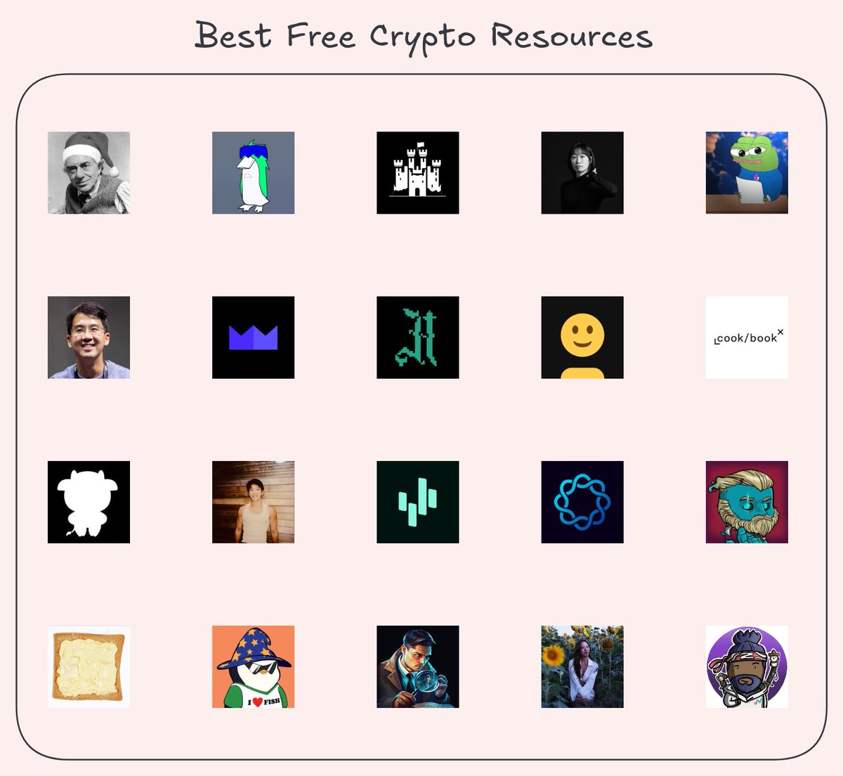 DeFiMinty's tweet photo. Great Free Crypto Resources to Follow

@CryptoCred free trading resource list
@0xsammy weekly Crypto AI recap
@castle_labs weekly newsletter
@jellulu_fish tokenomics simulator
@thedailydegenhq daily crypto recaps
@0xPrismatic AI briefings
@modernmarket_ for budding narratives
@hypurrdash for Hyperliquid wallet performance
@notthreadguy podcast
@CookBookSauce for market insights
@coinglass_com for derivatives data
@thiccyth0t trader interviews
@hypertracker for Hyperliquid user positioning
@Delphi_Digital free market dashboards
@Stoiiic market tutorials
@CoinGurruu memecoin trading guide 
@Tyler_Did_It morning minutes
@TheDeFinvestor crypto watchlist for the week ahead
@Zeneca weekly nuggets of wisdom
@sandraleow Top 10 AI tools