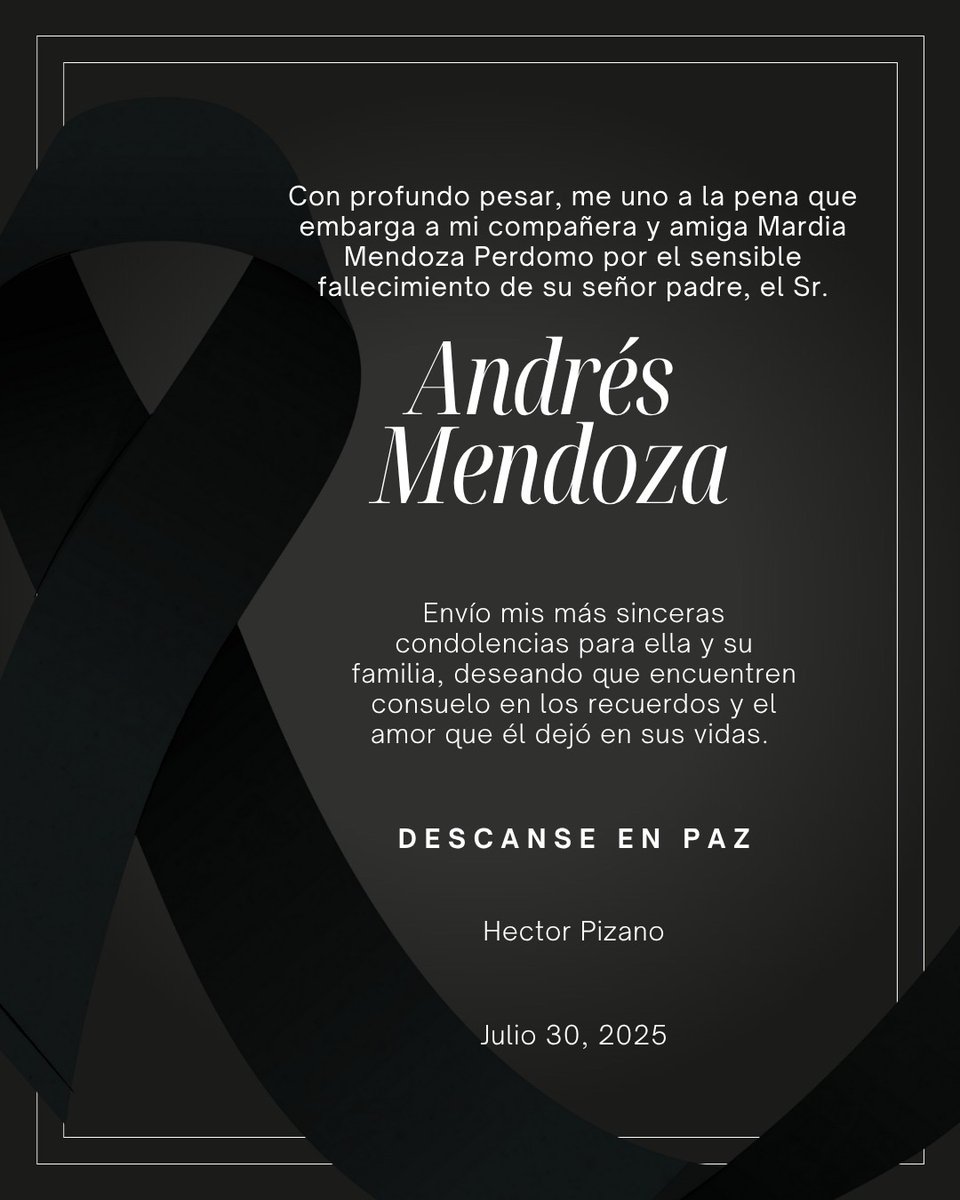 Héctor Pizano Ramos (@hecpizano) on Twitter photo Por este medio expreso mi más sentido pésame a mi querida amiga <a href="/mardiaperdomo/">M a r d i a</a> por el lamentable fallecimiento de su señor Padre Don Andrés Humberto Mendoza Rodríguez . Abrazo fuerte a familiares y amigos , espero encuentren pronta resignación. <a href="/GuadalajaraGob/">Gobierno de Guadalajara</a> <a href="/MovCiudadanoJal/">Movimiento Ciudadano Jalisco</a> 🙏 Por este medio expreso mi más sentido pésame a mi querida amiga <a href="/mardiaperdomo/">M a r d i a</a> por el lamentable fallecimiento de su señor Padre Don Andrés Humberto Mendoza Rodríguez . Abrazo fuerte a familiares y amigos , espero encuentren pronta resignación. <a href="/GuadalajaraGob/">Gobierno de Guadalajara</a> <a href="/MovCiudadanoJal/">Movimiento Ciudadano Jalisco</a> 🙏