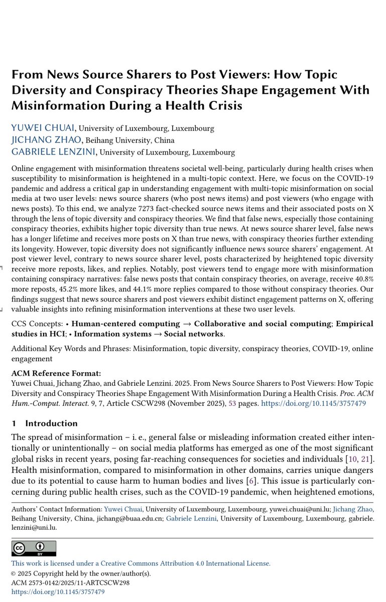 yuweichuai's tweet image. 🚨New #CSCW2025 paper!

We analyzed 7K+ fact-checked news claims &amp;amp; associated posts on X to study how news source sharers and post viewers engage with multi-topic and conspiracy-framed misinformation 

👉 News sharers &amp;amp; post viewers behave differently

📄 arxiv.org/abs/2401.08832