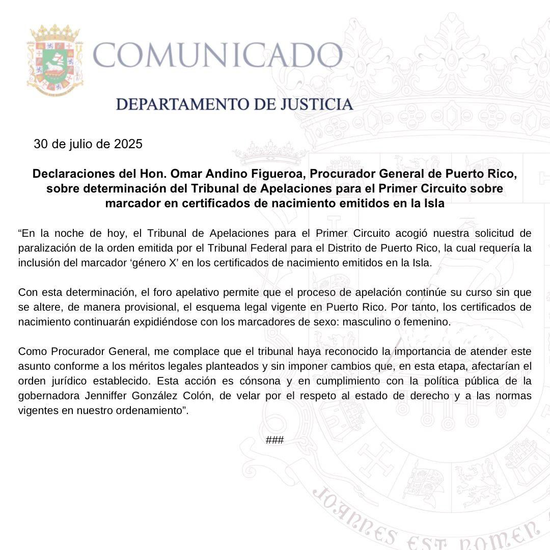 Esto es una breve pausa, no una victoria procurador. Auguro un TERCER tapa-boca federal para la Gobernadora.

El marcador (x) en nada afecta el libro histórico del Registro Demográfico ni la constancia registrada del sexo biologico. Los meritos del Gob. son meramente religiosos.