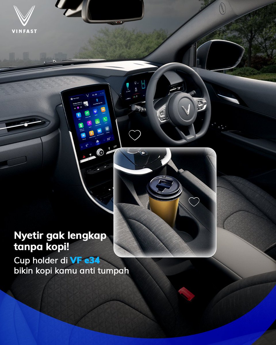 Nyetir tuh makin enak kalau ada ditemenin sama kopi favorit ☕
Untungnya, VF e34 punya cup holder yang bikin ngopi di mobil tetap aman dan nyaman.

Jadi, siapa nih yang suka ngopi sambil jalan? 😋
Kalau penasaran sama fitur-fitur lainnya, yuk mampir ke booth VinFast di GIIAS