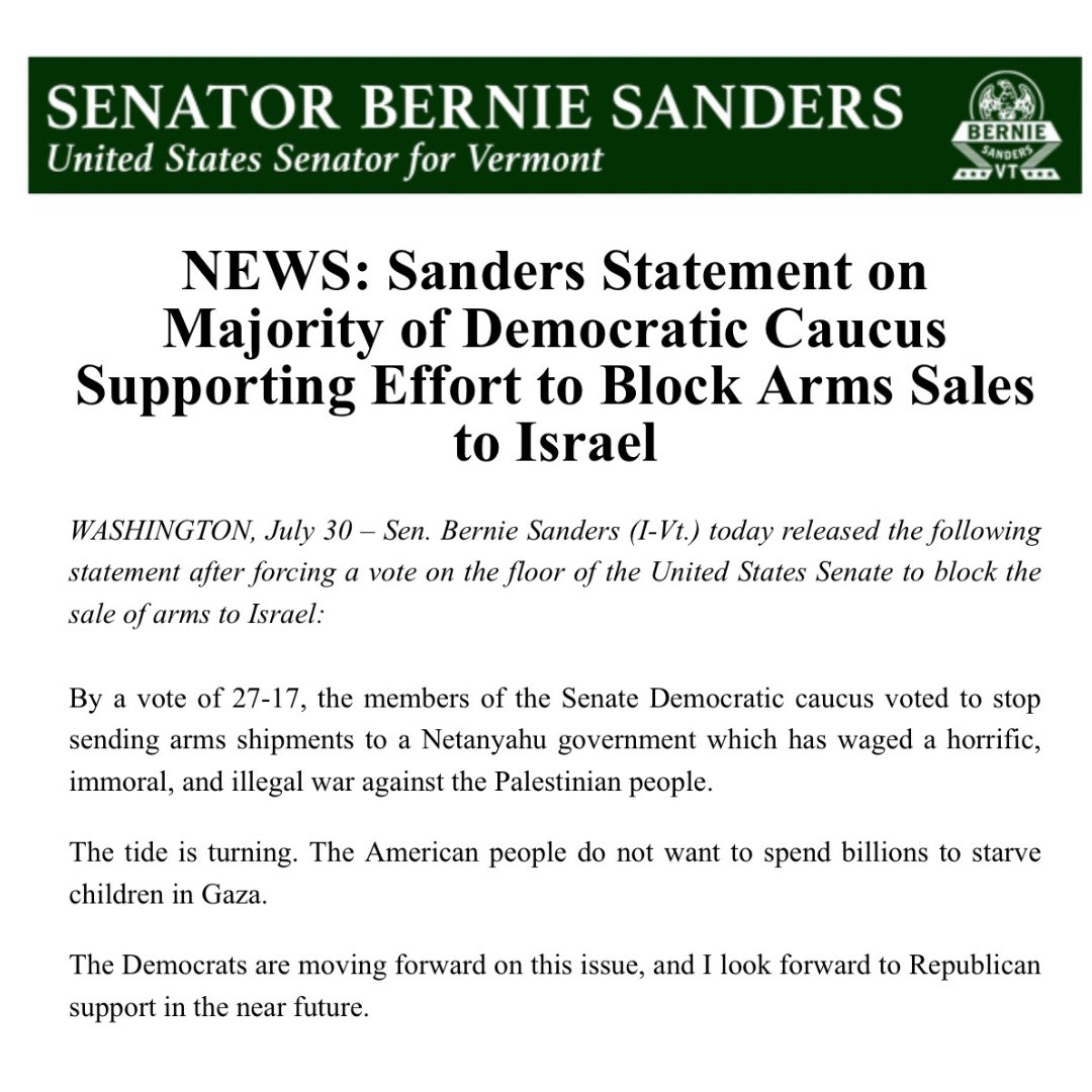 By a vote of 27-17, Senate Democrats voted to stop sending arms shipments to a Netanyahu government which has waged a horrific, immoral and illegal war against the Palestinian people. 

The tide is turning. 

Americans don't want to spend billions to starve children in Gaza.