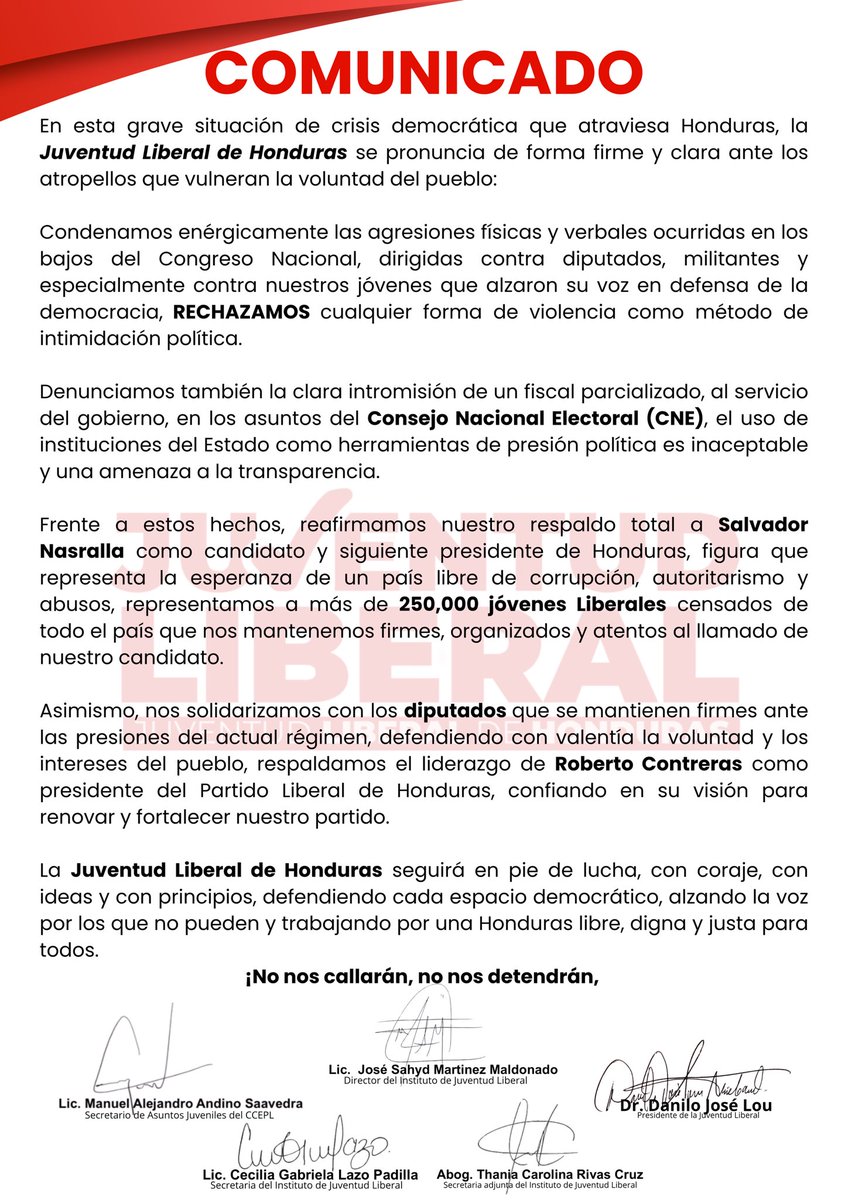 La Juventud Liberal alza la voz: NO toleramos atropellos, no aceptamos imposiciones, y no retrocederemos ante la represión. Estamos con el pueblo, con la democracia y con el futuro.
¡Libre NUNCA MÁS!
#PartidoLiberal #JuventudLiberal #LibreNuncaMás