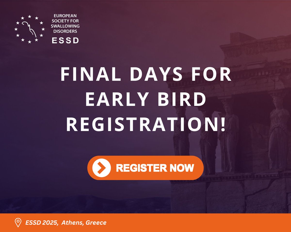⏰ Early Bird Registration CLOSES SOON! ⏰
Don’t miss out on the discounted rate for #ESSD2025 in Athens!
👉 Register by August 7th, 2025 to secure your spot.
📍 Athens, Greece | 7–11 October 2025
🔗 pcoconvin.eventsair.com/essd25/registr…
#Dysphagia #SwallowingDisorders #ESSD2025