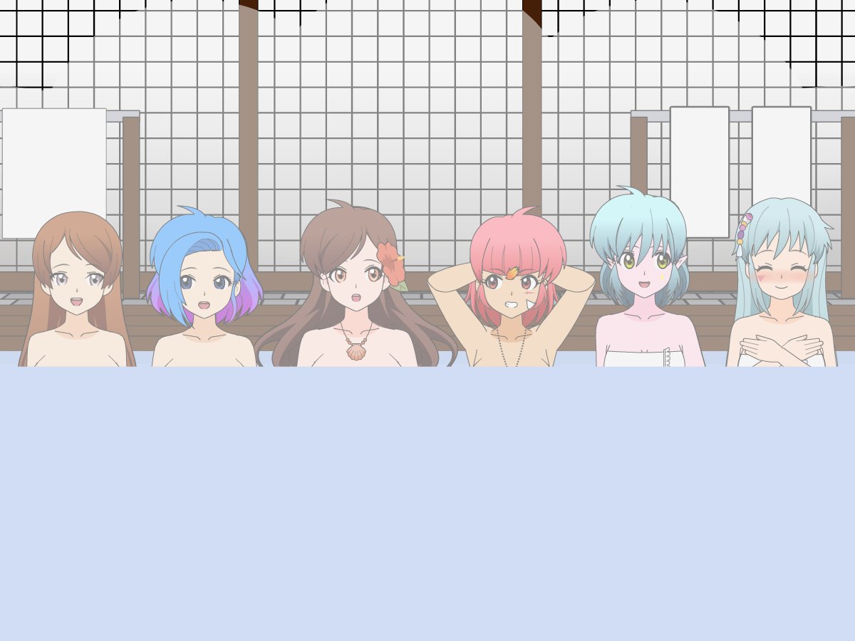 A gathering of mascot OCs/Vtuber avatars to relax at a public bath featuring Dyana, <a href="/tedbob84/">Tedbob84</a>'s Bipiq, <a href="/Natsu_Kashii_VT/">Natsu Kashii 🌺🏝️ Retro VTuber</a>, <a href="/PitCloverDraws/">📼Peachy64📼 (c0mms Open) ➡️ PRGE 2025 🎮</a>'s Riley and Pepper, and <a href="/0tacat/">Otacat (Comms Open) 🔜 PRGE</a>'s Retro Girl Natsu.