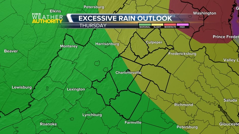 *Flood watch* for the potential of flooding and flash flooding will be in effect Thursday afternoon &amp; night for areas north of Charlottesville / I-64 (Greene, Madison, Orange, Culpeper, Spotsylvania Counties). Live near a flood-prone area? Stay weather aware tomorrow.