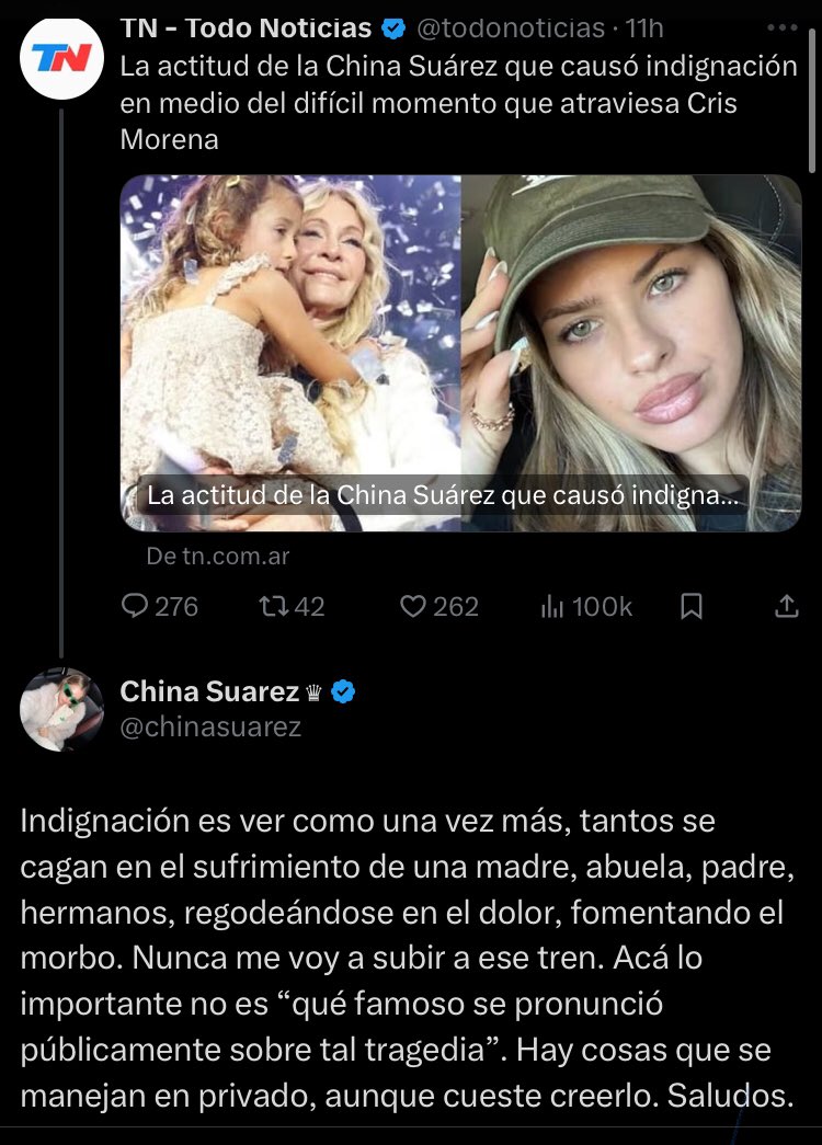 TIN (@amoranimal2020) on Twitter photo Quedó claro???… todos los que trabajaron con Cris, no necesitan postear cosas sabiendo que tienen el celular. Es un hecho doloroso y el/la editor de TN quiere jugar con el morbo, generar bronca y visualizaciones a costa de noticias Fakes!!. RESPETEN UN POCO! <a href="/chinasuarez/">China Suarez ♛</a> Quedó claro???… todos los que trabajaron con Cris, no necesitan postear cosas sabiendo que tienen el celular. Es un hecho doloroso y el/la editor de TN quiere jugar con el morbo, generar bronca y visualizaciones a costa de noticias Fakes!!. RESPETEN UN POCO! <a href="/chinasuarez/">China Suarez ♛</a>
