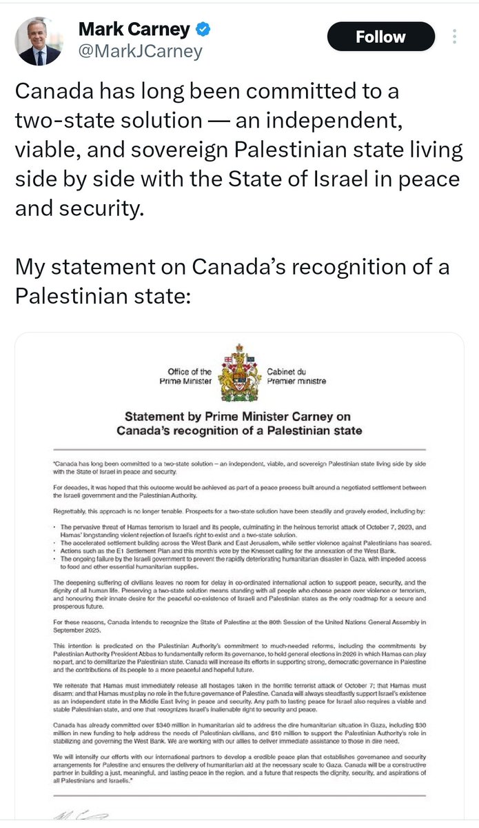 WAKhan337's tweet photo. BREAKING NOW:🚨
Canadian Prime Minister Mark Carney Just announced that Canada's Recognition of an Independent PALESTINIAN STATE🇵🇸
IT'S MASSIVE!!
I had guessed that Canada can be the next country who will Recognize Palestine.
Who will be next?
Germany/Japan/N.Korea or Italy? https://t.co/QNRrKHkybC