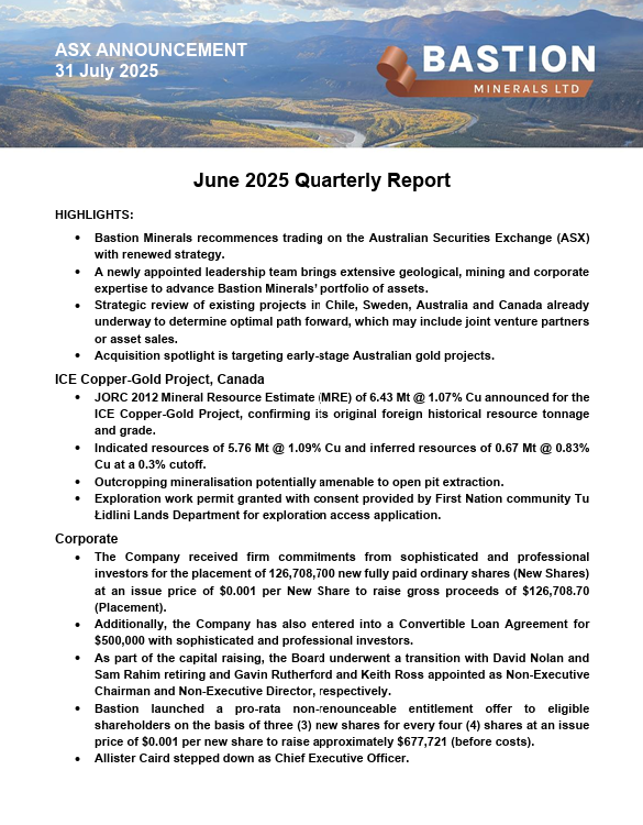 BastionLimited's tweet photo. We are pleased to share our June 2025 Quarterly Report. During the quarter, the Company recommenced trading on the ASX with a new leadership team and renewed strategy.

Read the full report: https://t.co/jcifIGZknm

$BMO https://t.co/DYXeYjsVjX
