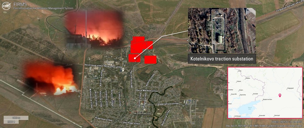 The area around the Kotelnikovo traction substation is on fire, according to NASA’s FIRMS hotspot map. Videos from the town show multiple fires across the town following drone strikes. While there’s no definitive data, it’s likely the railway infrastructure was targeted again.